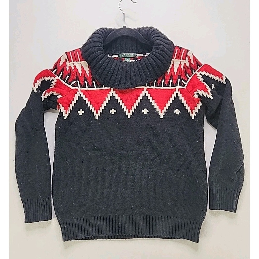 Lauren Ralph Lauren Womens Fairisle Sweater Size M Cowl Neck Tribal Cotton/Wool